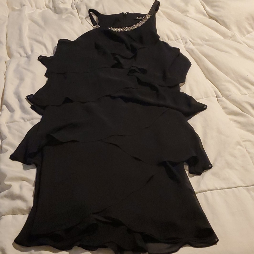 SLNY Tiered Little Black Dress Pearl Beading 12